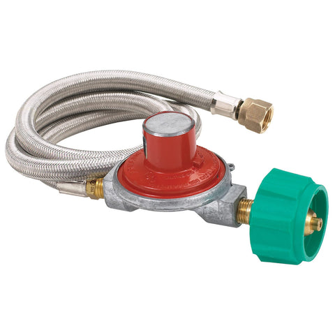 Bayou Classic M3HPH 36-in Stainless Braided LPG Hose Features 10-psi Preset Regulator Brass Control Valves 3/8-in Flare Swivel Fitting Designed For Bayou Classic Triple Burner Cookers