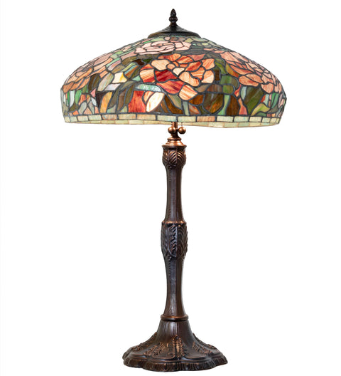 Meyda Tiffany Lighting 265071 Tiffany Peony Three Light Table Lamp Table Lamp Mahogany Bronze
