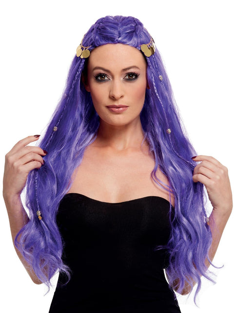 Smiffys Womens Fortune Teller Wig with Coin Detail, Purple, One Size