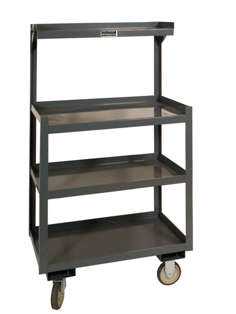 Portable Shop Desk With 5 Inch x 1-1/4 Inch Polyurethane Casters (2) Rigid And (2) Swivel With Side Brakes 4 Shelves 1-1/2 Inch Lips Up On Top Shelf 3 Sides And Bottom Shelf On 4 Sides Gray