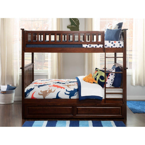 Atlantic Furniture Columbia Bunk Bed Full Over Full with Twin Sized Raised Panel Trundle Bed in Walnut