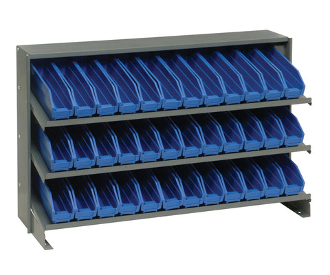 Quantum QPRHA-100BL Sloped Quickpick Cart | Bench Style Mobile Storage Rack for Industrial Display | (36) QSB100 Blue Bins; (3) Shelves | 250 lbs Capacity, 12.5"L x 36"W x 23"H, Gray, Carbon Steel