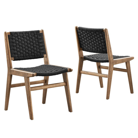 Modway Saoirse Woven Rope Wood Dining Side Chair in Walnutt Black
