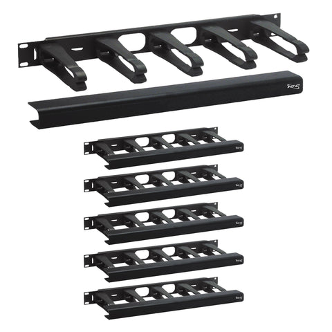 ICC 1U Ring Cable Manager Panel with Cover, Plastic with Metal Back Frame, 4" Cable Distribution D Rings, Horizontal Cable Management, Rackmount for 19” Network Racks, Black, 6-Pack