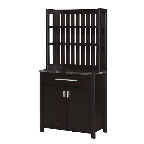 Convenience Concepts Sawyer 1 Drawer Wine Bar with Storage Cabinet and Shelves, Black Faux Marble/Espresso