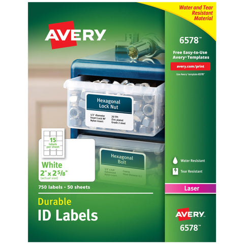 Avery Durable White Cover Up ID Labels for Laser Printers, 2" x 2.625", Pack of 750 (6578)