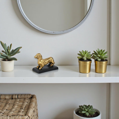 Motley 5" Cast Iron Dachshund Figurine - Rustic Style - Gold Finish - for Shelf or Table Decor - by Cheungs