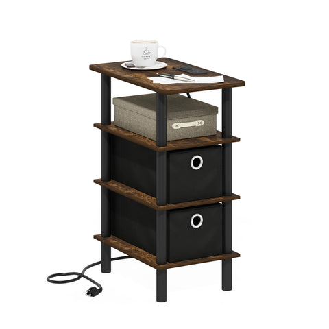 Furinno Turn-N-Tube 4-Tier Side Table End Table Nightstand with Bin Drawers USB and Type-C Charging Port Amber Pine/Black/Black