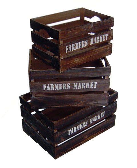 Cheung's FP-3508-3FM Wood Crate with "Farmers Market" Label| Set of 3