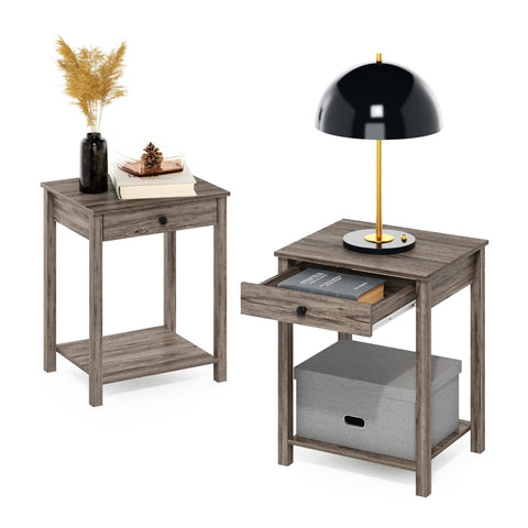 Furinno Classic Side Table with Drawer, 2 Pack, Rustic Oak