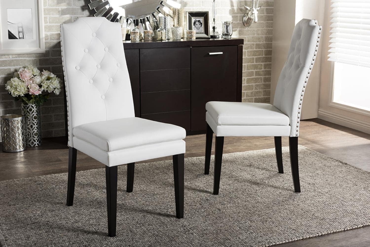 Baxton Studio Dylin Dining Chair and Dining Chair White Faux Leather Button-Tufted Nail heads Trim Dining Chair