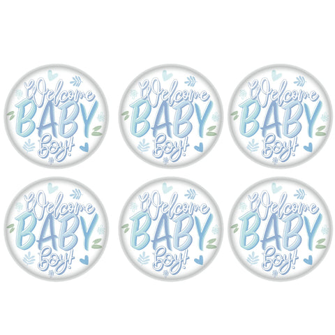 Beistle 6 Piece Boy Baby Shower Pinback Buttons Gender Reveal Party Favors, 2", White/Blue