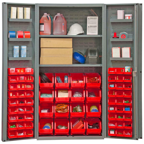 Heavy Duty Cabinet 14 Gauge 36 x 24 x 72 2 Adjustable Shelves 64 Red Bins 4 Inch Deep Box Doors with Louvered Panel 6 Door Shelves Lockable Chrome Handle with Keys Gray