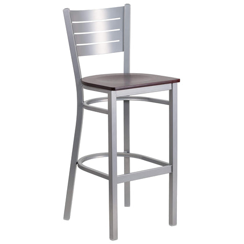 Flash Furniture HERCULES Series Silver Slat Back Metal Restaurant Barstool - Mahogany Wood Seat