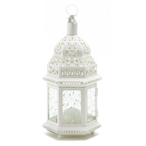 Zingz & Thingz Decorative Etched Glass Moroccan Style Hanging Candle Lantern White