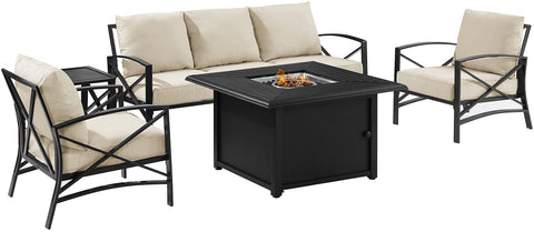 Kaplan 5Pc Outdoor Sofa Set W/ Fire Table Oatmeal/Oil Rubbed Bronze - Sofa, Dante Fire Table, Side Table, & 2 Arm Chairs