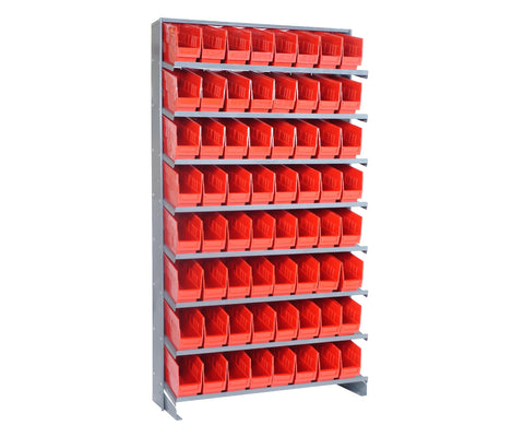 QUANTUM STORAGE SYSTEMS QPRS-201RD Solid Single Sided 8 Shelves 64 STORE-MORE Red Bins 64" H x 36" W x 12" D