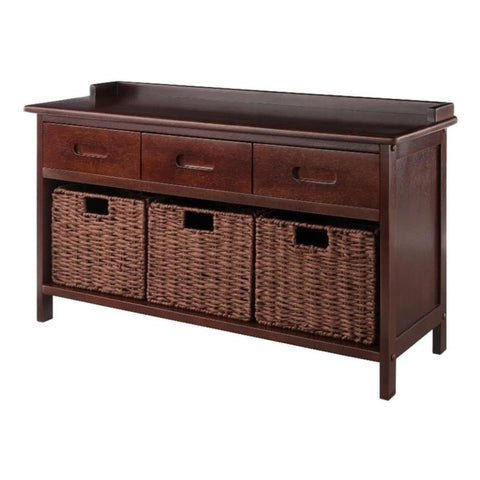 Oakestry Adriana 4 Pc Storage Bench Walnut Entryway Organizer Seat with 3 Foldable Woven Baskets Hallway Shoe Rack Living Room Bedroom Wood Bench Home Furniture Storage Solution