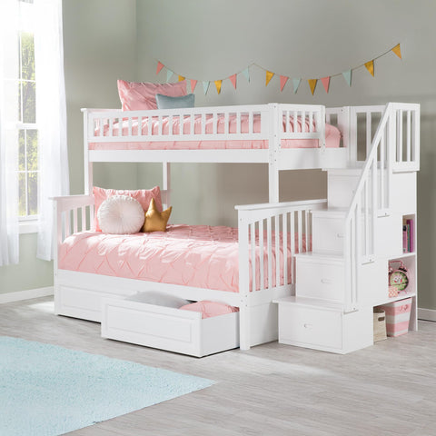 AFI Columbia Staircase Bunk Twin Over Full with Turbo Charger and Raised Panel Bed Drawers in White