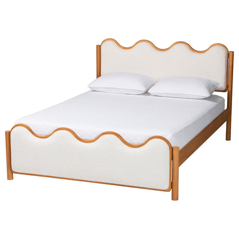 Baxton Studio Lilia Scalloped Cream Boucle and Brown Wood Queen Platform Bed