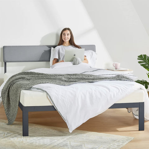 Fast Furnishings King Size Grey Soft Fabric Metal Headboard Platform Bed Wooden Slats