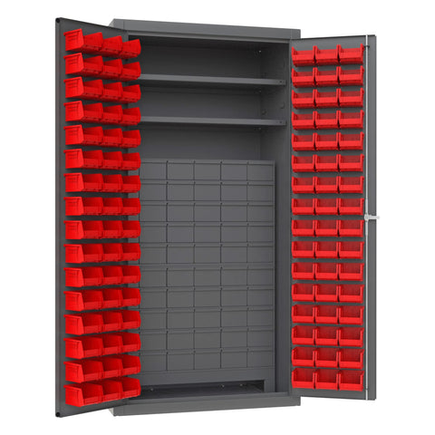 Heavy Duty Cabinet 14 Gauge 36 x 24 x 72 2 Adjustable Shelves 96 Red Bins 60 Drawers Flush Doors with Louvered Panel Lockable Chrome Handle with Keys Gray