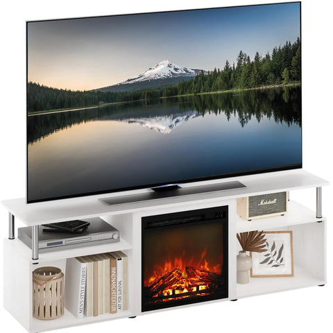 Oakestry 70-Inch Open Storage TV Stand with Electric Fireplace, White Oak with Stainless Steel Tubes, Entertainment Center with Shelves