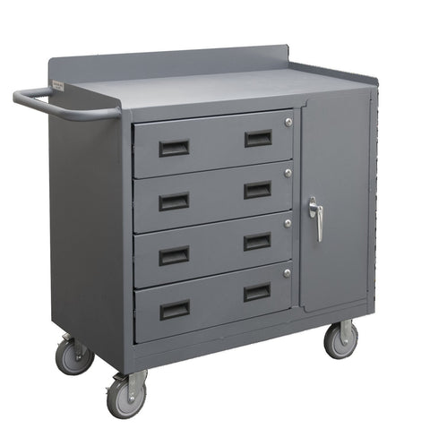 Mobile Bench Cabinet With 5 Inch X 1-1/4 Inch Polyurethane Casters (2) Rigid And (2) Swivel 1 Fixed Shelf And 1 Adjustable In Storage Area 1 Side Door And 4 Drawers Lockable With Tubular Push Handle Gray
