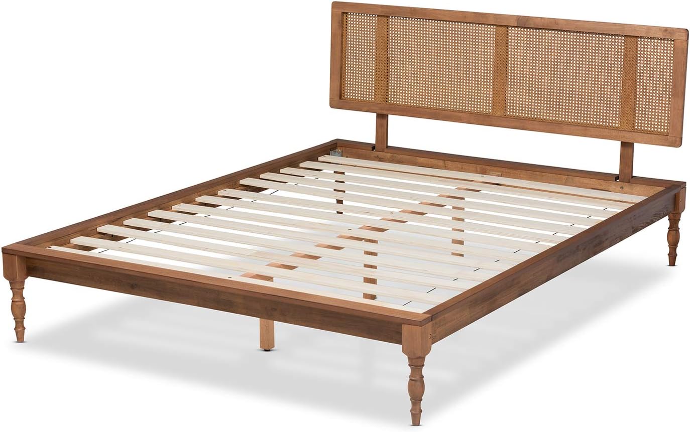 Baxton Studio Romy Vintage French Inspired Ash Wanut Finished Wood and Synthetic Rattan Full Size Platform Bed