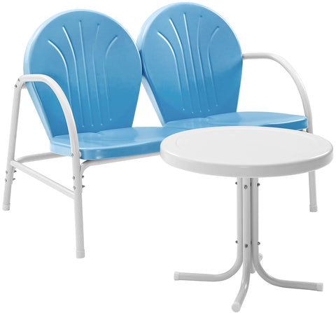 Griffith 2Pc Retro Outdoor Loveseat Patio Furniture Set Sky Blue Gloss/White Satin - Loveseat & Side Table