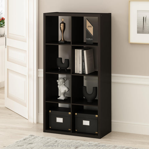 Furinno Simple Cube Storage Organizer, 8-Cube Display Shelf, Open Back Shelving Unit, Storage Shelves, Extra Thick Frame, for Organization and Storage, Living Room, Home Office, Dark Oak