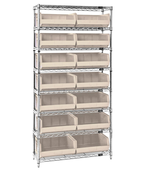 Quantum Storage Systems WR8-250IV 8-Tier Complete Wire Shelving System with 14 QUS250 Ivory Giant Open Hopper Bins, Chrome Finish, 14" Width x 36" Length x 74" Height