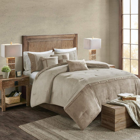 Oakestry 7-piece Boone Cozy Comforter Set Faux Suede All Seasons with Comforter with Matching Pillow Shams Bed Skirt, Queen (90 in X 90 in), Rustic Tan