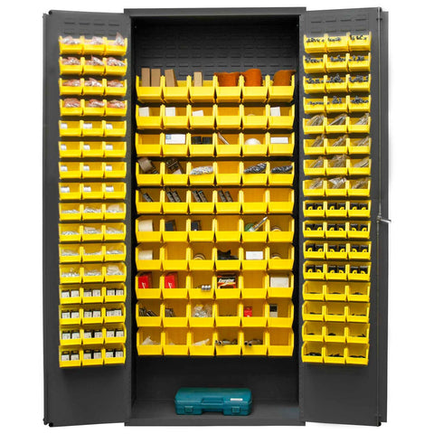 Durham 3603-156B-95 Lockable Bin Cabinet with 156 Yellow Hook-On Bins, Flush Door Style, 36" Wide, 14 Gauge, Gray