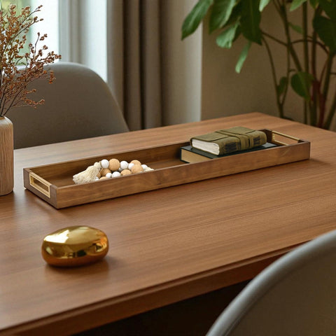 Nyssa Slim 31.87" Rectangular Wood Tray – Brown with Gold Handles – Modern Centerpiece for Living Room or Console Table – by Cheungs