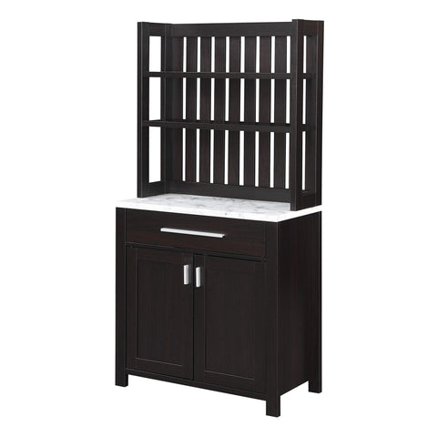 Convenience Concepts Sawyer 1 Drawer Wine Bar with Storage Cabinet and Shelves, White Faux Marble/Espresso