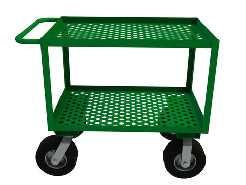 Garden Cart With 10 Inch x 3-1/2 Inch Pneumatic Casters (2) Rigid And (2) Swivel 2 Perforated Shelves 1-1/2 Inch Lips Up And Tubular Push Handle Green
