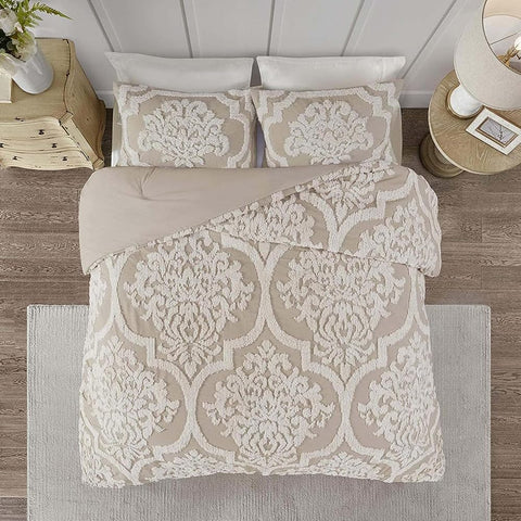 Oakestry 3 Piece Cotton Comforter Bedding Set All Season Modern Luxury Theme with Viola, Matching Shams, Damask Taupe King/Cal King(104"X92"), Damask Taupe