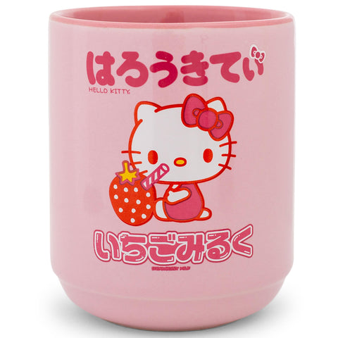 Silver Buffalo Sanrio Hello Kitty Sipping Strawberry Milk Asian-Style Ceramic Tea Cup | Traditional Japanese-Inspired Mug Without Handle | Holds 9 Ounces