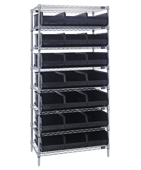 Quantum Storage Systems WR8-425BK Wire Heavy Duty 8 Shelves 21 Stackable Shelf Bins Black Bins 74" H x 36" W x 12" D