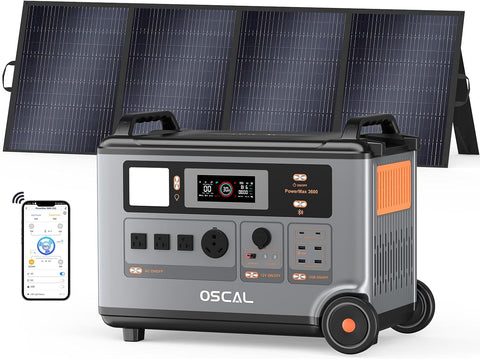 OSCAL 3600Wh Portable Power Station with 400W Solar Panel PowerMax 3600, Solar Generator with 4 AC Outlets (6000W Peak), 1.2H Full Charging, APP Control Power Station for Home, Camping & RVs