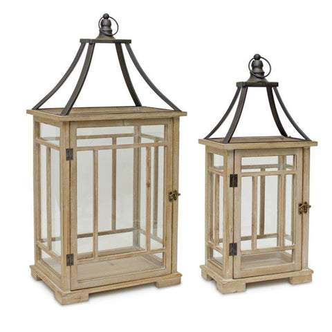 Melrose Lantern, 23 and 31 inches Height, Set of 2 , Wood and Metal, Decorative Rustic Wooden Candle Lantern