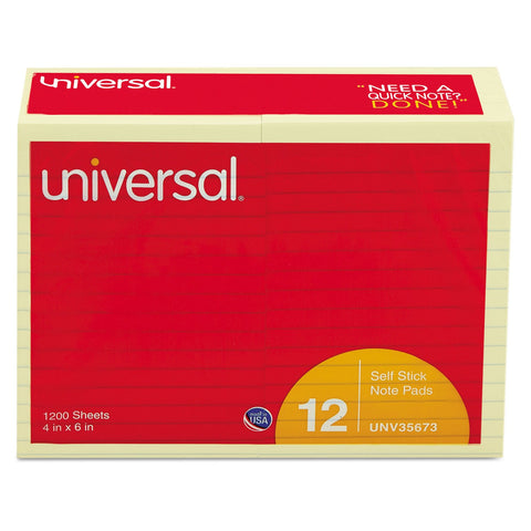 Universal 35673 Self-Stick Note Pads, Lined, 4 x 6, Yellow, 100-Sheet (Pack of 12)