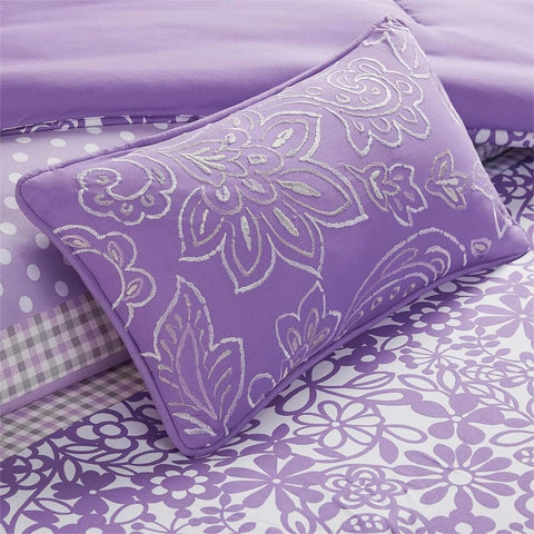 Oakestry 3-Piece Polka Dot and Floral Comforter Set Bedding Sheet Set with Shams and Decorative Toy Pillow Fun Bedroom Décor, Twin/Twin XL, Floral Purple