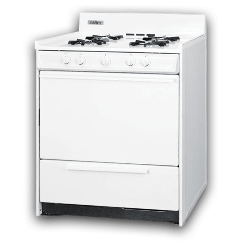 Summit 30" Gas Range, 4 Opened Burners, 3.7 cu.ft Capacity oven, White- WNM2107