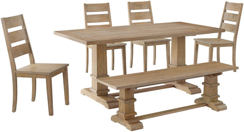 Joanna 6-Piece Dining Table Set For 7 Rustic Brown - Table, Bench, & 4 Ladder-Back Chairs