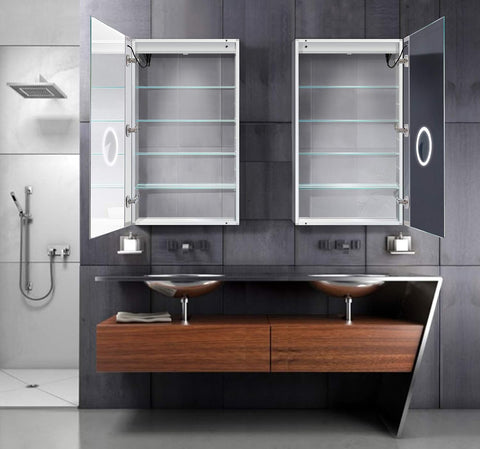 Krugg LED Medicine Cabinet 24 Inch x 42 Inch | Recessed or Surface Mount Mirror Cabinet w/Dimmer & Defogger + 3X Makeup Mirror Inside & Outlet + USB (Right Hinge 42" Tall)