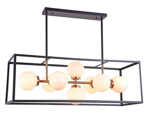 Bethel A Black Rectangular CAGE Frame Ceiling Fixture with Gold Hardware & White Glass Shades
