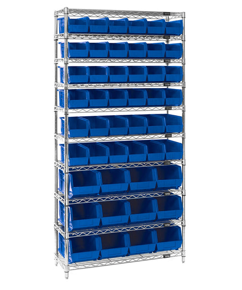 QUANTUM STORAGE SYSTEMS WR10-230240BL Wire Heavy Duty 10 Shelves 74" H x 36" W x 14" D with 48 Blue Bins Multi-Sizes