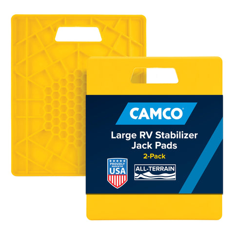Camco Camper/RV Large Stabilizer Jack Pads - Features Interlocking Design & Handy Strap for RV Storage - Built-in Handle - Use with RV Leveling System, RV Levels & More - 14” x 12”, 2-Pk (44541)